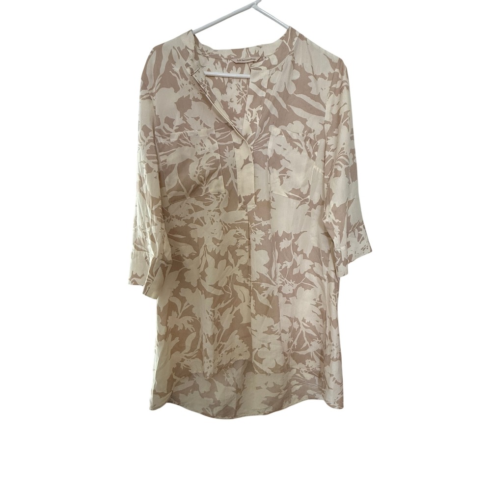 Soft Surroundings Tunic‎ Women M Beige White Floral Tencel 3/4 Sleeve 28643